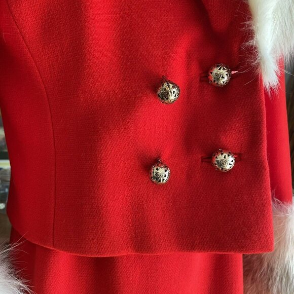 VINTAGE 60's Red Wool Dress & Jacket Suit Huge Fox Fur Trim - Picture 10 of 13